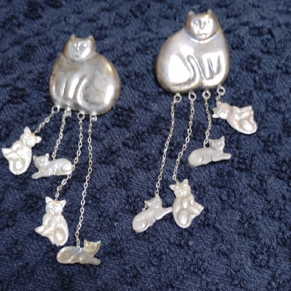 Charming Silver Antique Tone Cat Earrings with Dangling Cat Charms